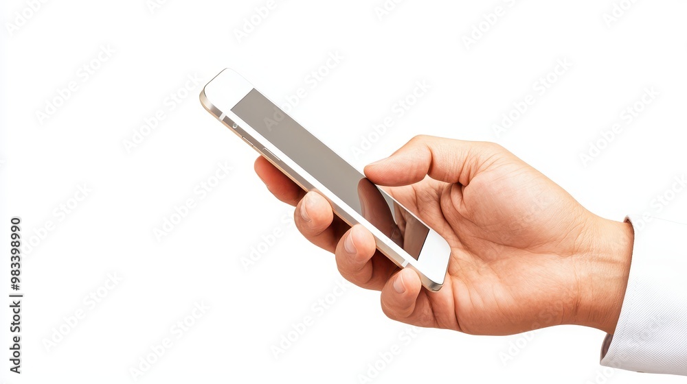 Hand holding smartphone with blank screen isolated on white background Hand holding smartphone with blank screen isolated on white background