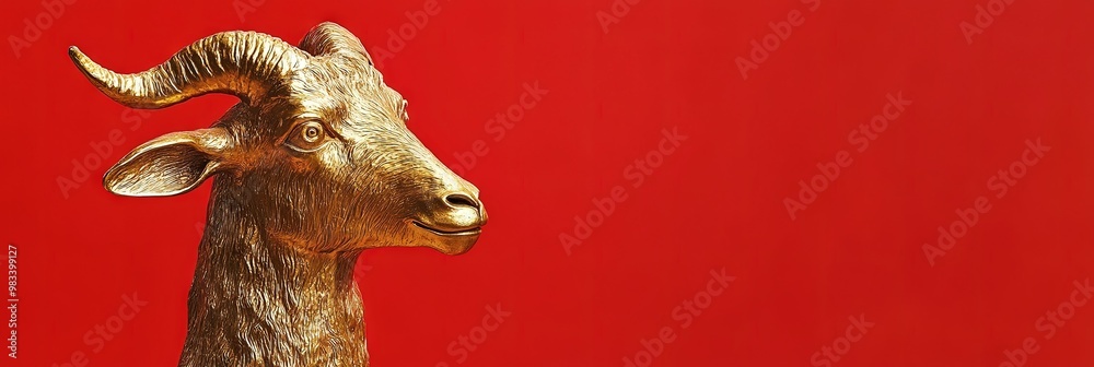 golden goat, year of the goat, solid red background, copy space golden goat, year of the goat, solid red background, copy space