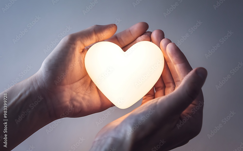 Obraz premium Two hands cupping a glowing white heart, representing love, care, and support. Generative-Ai