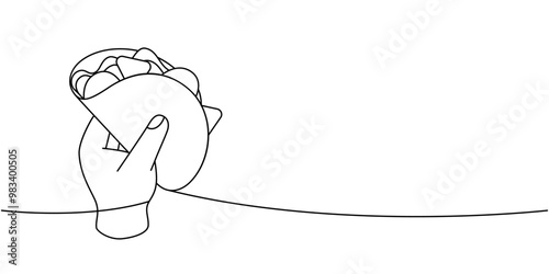 Hand holding Mexican taco one line continuous drawing. Traditional Mexican street fast food. Vector linear illustration.