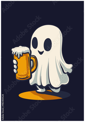 Ghost, smiling with beer mug - a tee shirt, screen print or sticker vector illustration of a ghost holding a large stein of beer. Here for the boos. Spirited. 