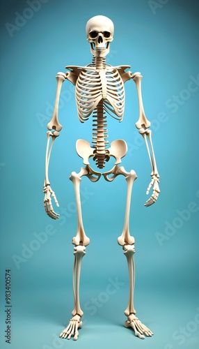 standing skeleton figure displayed on a vibrant blue background