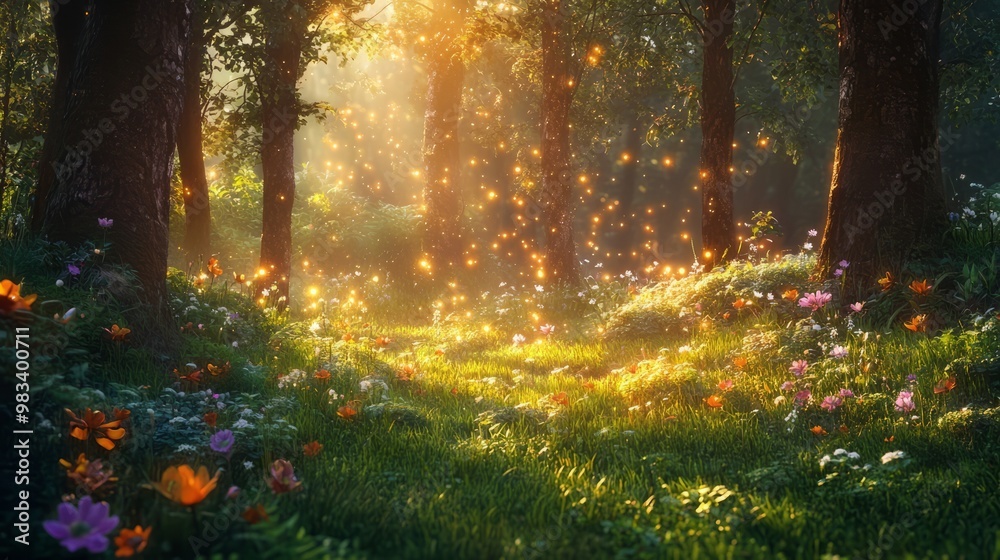 Enchanted Forest with Sunlight and Glittering Fireflies Enchanted Forest with Sunlight and Glittering Fireflies