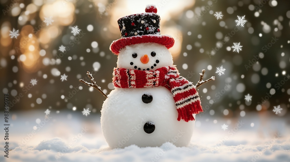 Fototapeta premium A cute and festive snowman with a carrot nose, wearing a black top hat and a red scarf, stands joyfully in the snowy outdoors