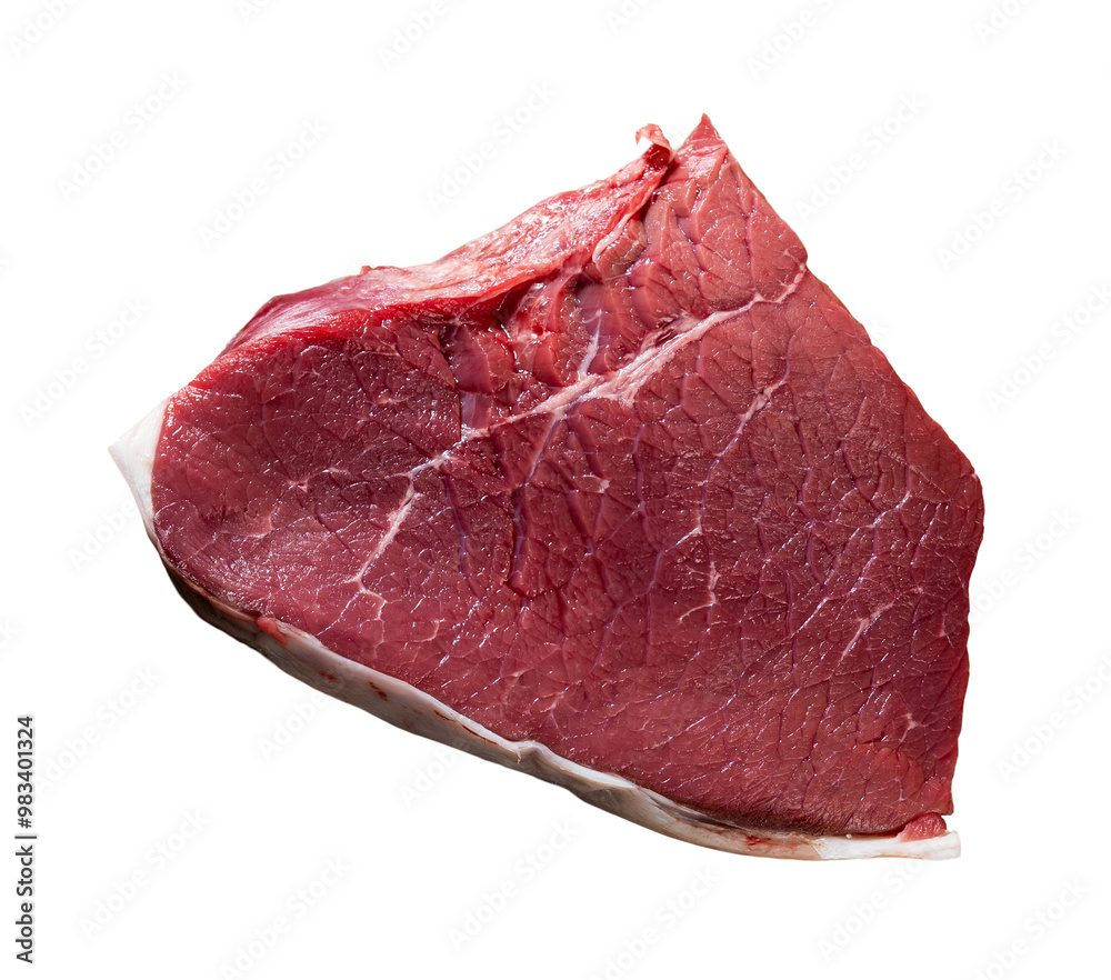 Fototapeta premium Fresh, uncooked beef fillet piece on wooden cutting board, prepared for cooking or grilling, with knife and spicy peppercorns nearby. Isolated over white background