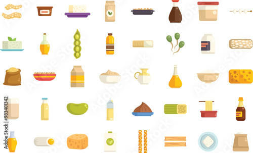 Set of icons showing various types and forms of food made with soybeans, plant based food and vegetarian snacks