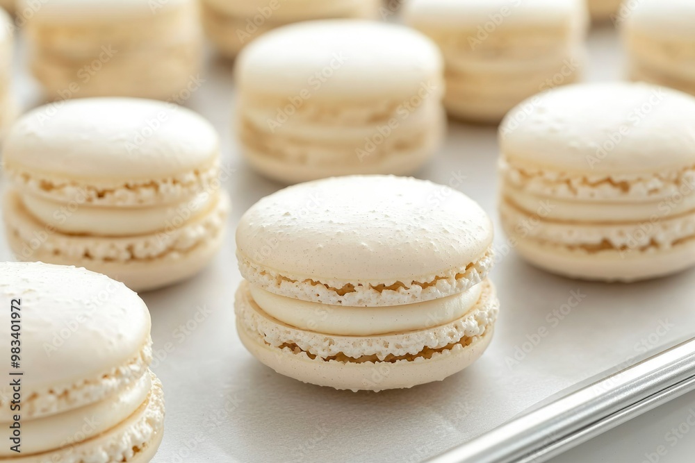White Macarons with Cream Filling on Baking Sheet White Macarons with Cream Filling on Baking Sheet