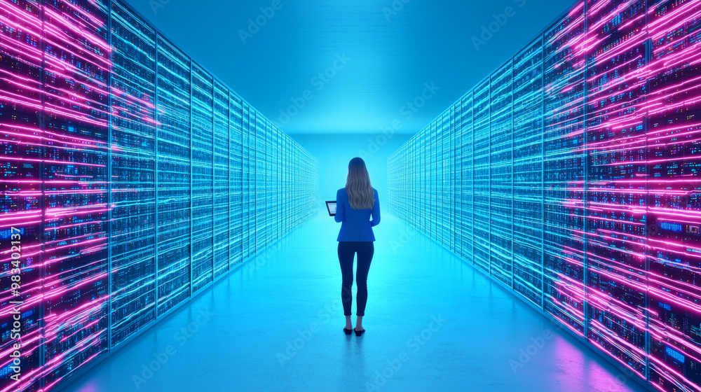 Woman in a server room with glowing blue and pink lights. Woman in a server room with glowing blue and pink lights.