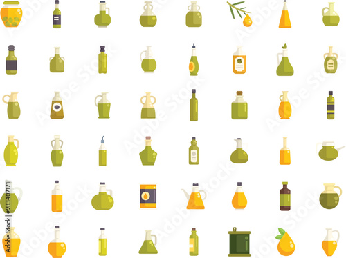 Large set of olive oil bottles with different containers and jars presenting cooking ingredient for healthy vegetarian salad dressing