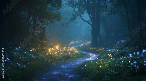 Enchanted Forest Pathway with Glowing Flowers