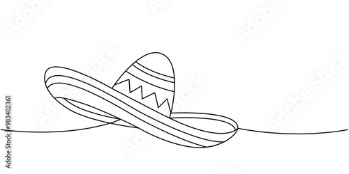 Sombrero one line continuous drawing. Mexican hat. Vector linear illustration.
