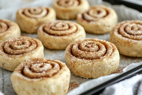 Closeup of Cinnamon Rolls in a Baking Pan photo