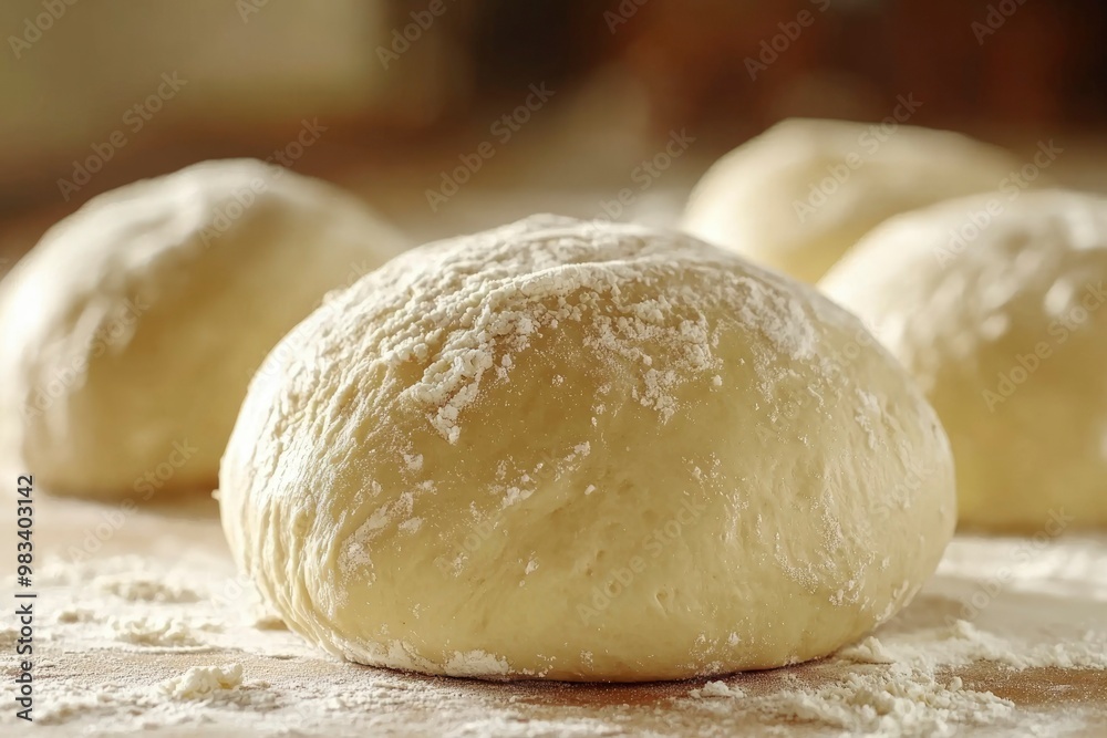 A Single Dough Ball Covered in Flour on a Wooden Surface A Single Dough Ball Covered in Flour on a Wooden Surface