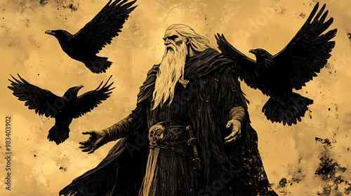 Odin with ravens - norse mythology. Norse Mythology. Illustration