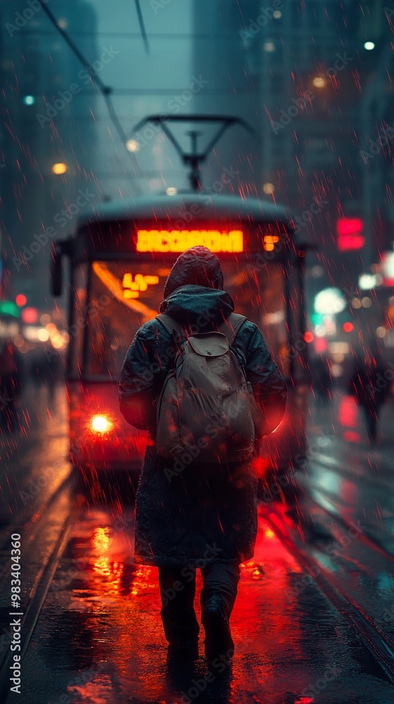 Rainy Night in the City: A Person Walks Past a Tram Rainy Night in the City: A Person Walks Past a Tram