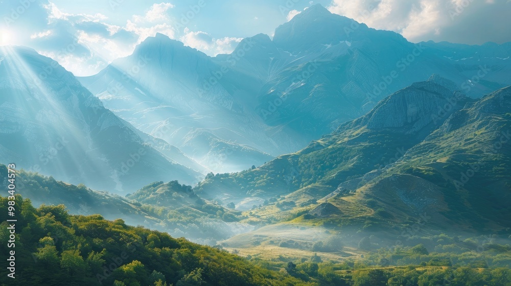 Breathtaking mountain landscape with sunlight rays streaming through the clouds illuminating the lush green valleys and forests below Breathtaking mountain landscape with sunlight rays streaming through the clouds illuminating the lush green valleys and forests below