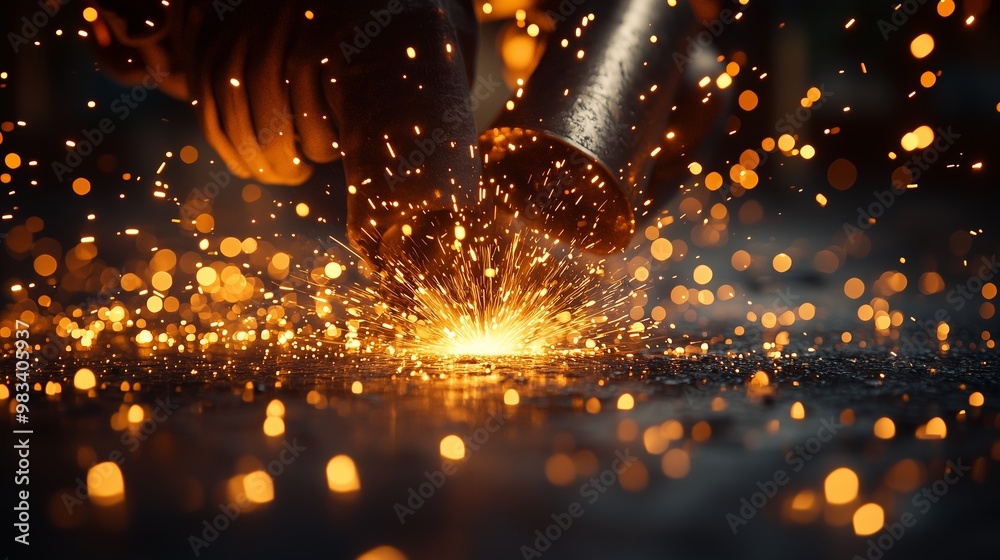 A close-up shot of a skilled metalworker using a cutting torch, generating bright, fiery sparks that scatter across the surface A close-up shot of a skilled metalworker using a cutting torch, generating bright, fiery sparks that scatter across the surface