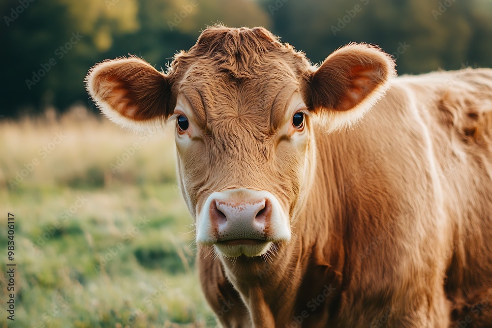 Close up of a brown cow looking at the camera in a field