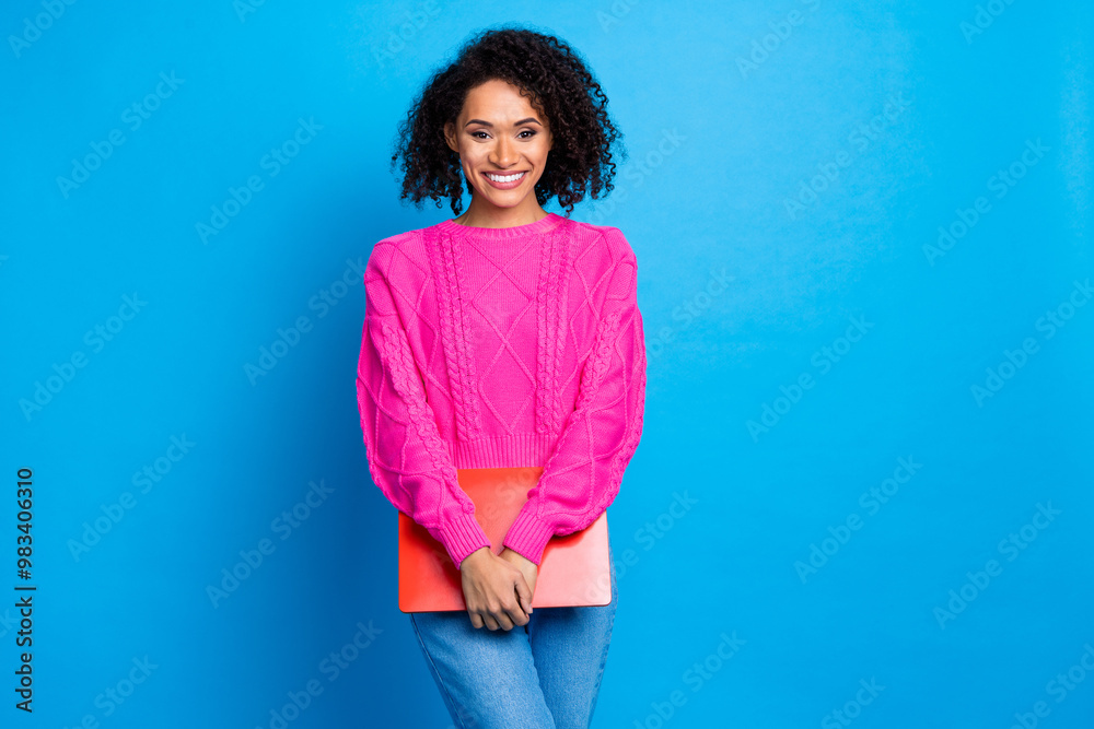 Photo of adorable pretty lady wear pink jumper holding modern gadget empty space isolated blue color background Photo of adorable pretty lady wear pink jumper holding modern gadget empty space isolated blue color background