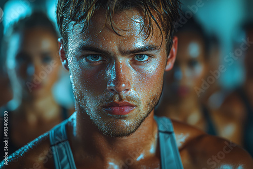 A fitness instructor leading a dynamic workout class in a bright gym, motivating participants to push their limits. Concept of physical fitness and group exercise.