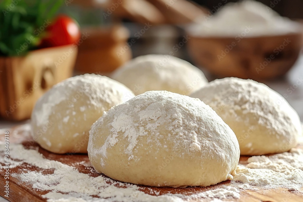 Four Dough Balls Dusted with Flour on a Wooden Cutting Board Four Dough Balls Dusted with Flour on a Wooden Cutting Board