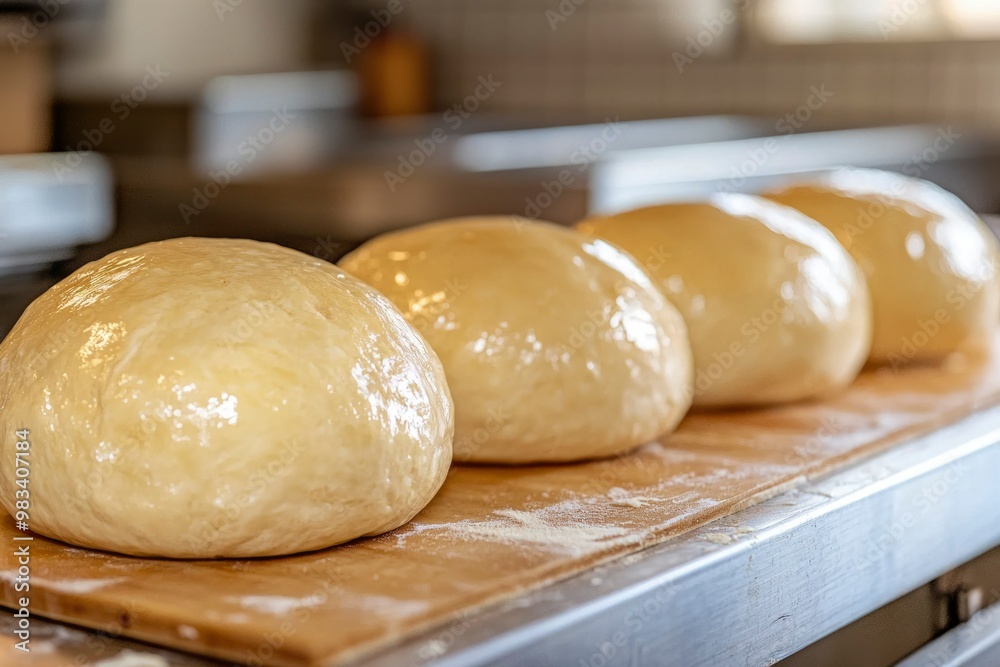 Four Smooth, Round Dough Balls on a Wooden Cutting Board
