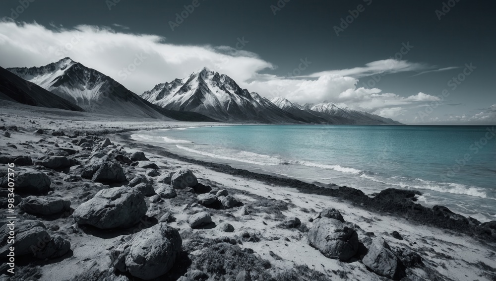 Rocky Beach with Calm Waters and Mountain Background