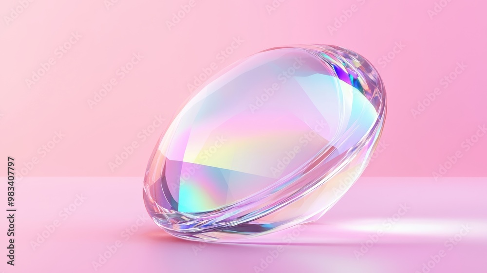 Abstract iridescent glass sphere on pink background