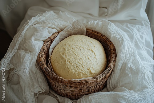 Dough Rising in a Wicker Basket on a White Fabric Background photo