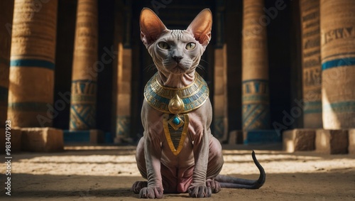Sphynx Cat with Beaded Necklace in Egyptian Column Setting