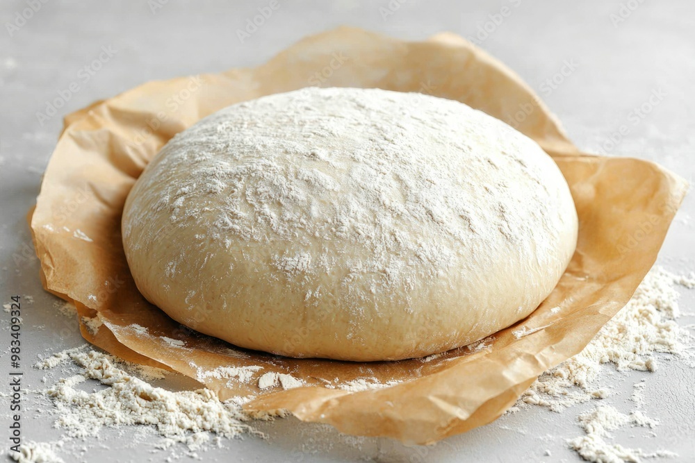 A Round Dough Ball Covered in Flour, Resting on Parchment Paper A Round Dough Ball Covered in Flour, Resting on Parchment Paper