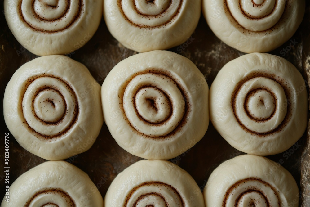 Close-up of Nine Raw Cinnamon Rolls with Visible Swirls of Cinnamon Filling Close-up of Nine Raw Cinnamon Rolls with Visible Swirls of Cinnamon Filling