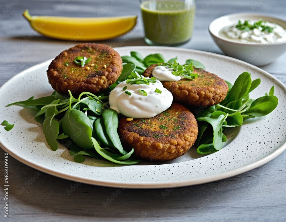 Vibrant Falafel Platter with Spinach and Tzatziki Sauce