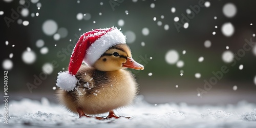 Duck wearing Santa hat in the winter snow for Christmas 2024