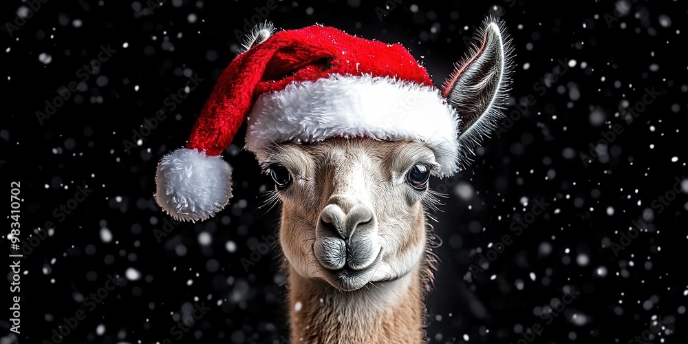 Llama wearing Santa hat in the winter snow for Christmas 2024 Llama wearing Santa hat in the winter snow for Christmas 2024