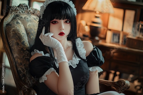 A beautiful Japanese girl with black hair and bangs, wearing a maid outfit...