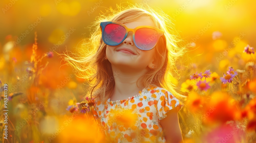 Happy Child in Sunglasses Surrounded by Colorful Flowers Happy Child in Sunglasses Surrounded by Colorful Flowers