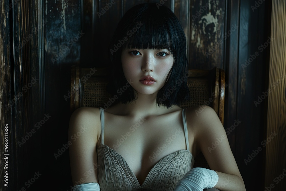 A Japanese woman with black hair and bangs, wearing white gloves, sits in a...