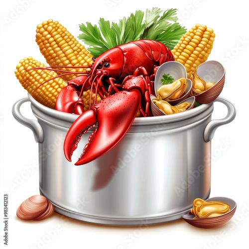 An Atlantic coast festive meal of lobsters, corn clams, potatoes, and corn flakes served with a white background.