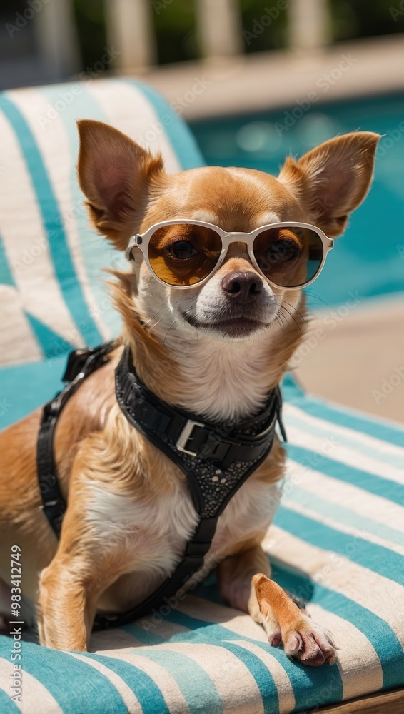 Chihuahua Wearing Sunglasses and Life Jacket on Poolside Lounger Chihuahua Wearing Sunglasses and Life Jacket on Poolside Lounger