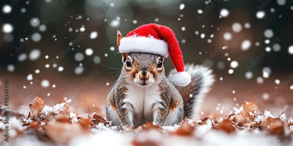 Squirrel wearing Santa hat in the winter snow for Christmas 2024