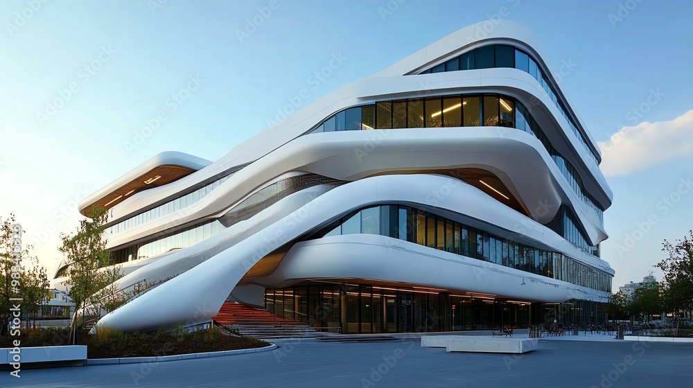Modern, white, architectural building with sleek, flowing curves and large windows. Modern, white, architectural building with sleek, flowing curves and large windows.