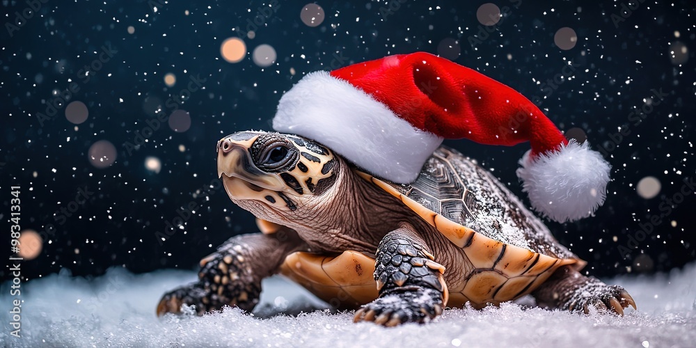Turtle wearing Santa hat in the winter snow for Christmas 2024 Turtle wearing Santa hat in the winter snow for Christmas 2024