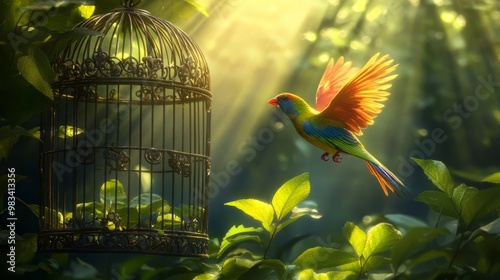 Colorful Bird Escaping from a Vintage Cage in Lush Greenery photo