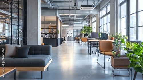 Modern open plan office with natural light, plants, and a comfortable seating area.