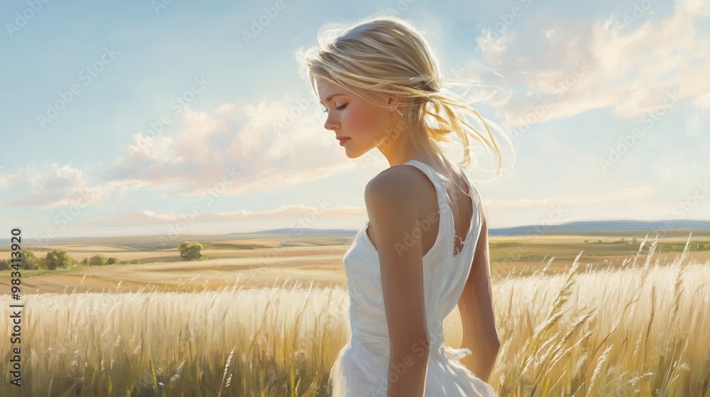 A young woman walks through a sunlit wheat field during golden hour, capturing the serene beauty of nature in a rural landscape A young woman walks through a sunlit wheat field during golden hour, capturing the serene beauty of nature in a rural landscape
