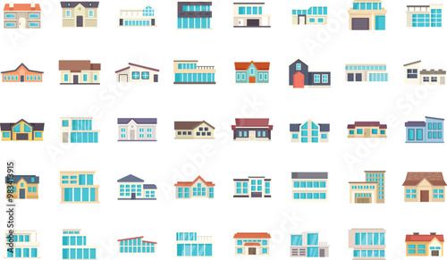 This set of modern houses is perfect for illustrating concepts related to real estate, architecture, and urban planning