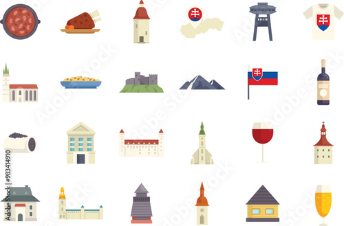 This set of vector icons depicts various aspects of slovakia, including food, drinks, landmarks, and cultural symbols