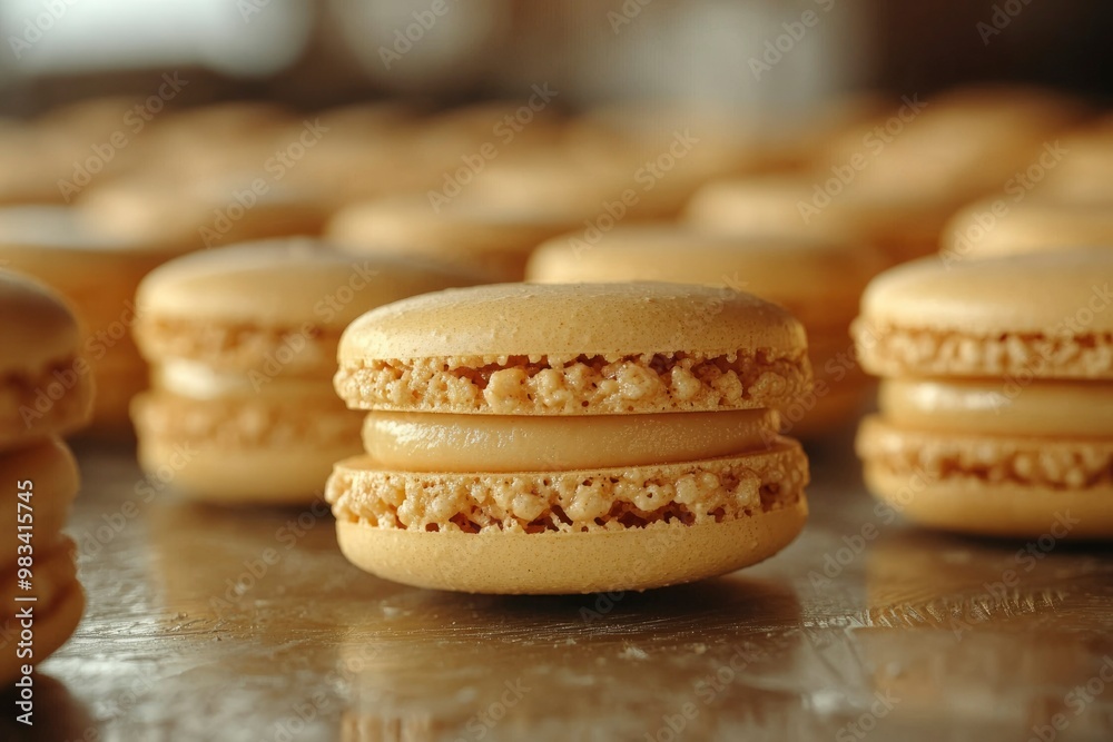 A Single Caramel Macaron with Creamy Filling in Focus, Surrounded by Other Macarons A Single Caramel Macaron with Creamy Filling in Focus, Surrounded by Other Macarons