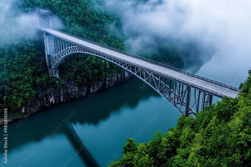 Fototapeta premium Grey steel bridge, stretching across a wide river, disappearing into the fog